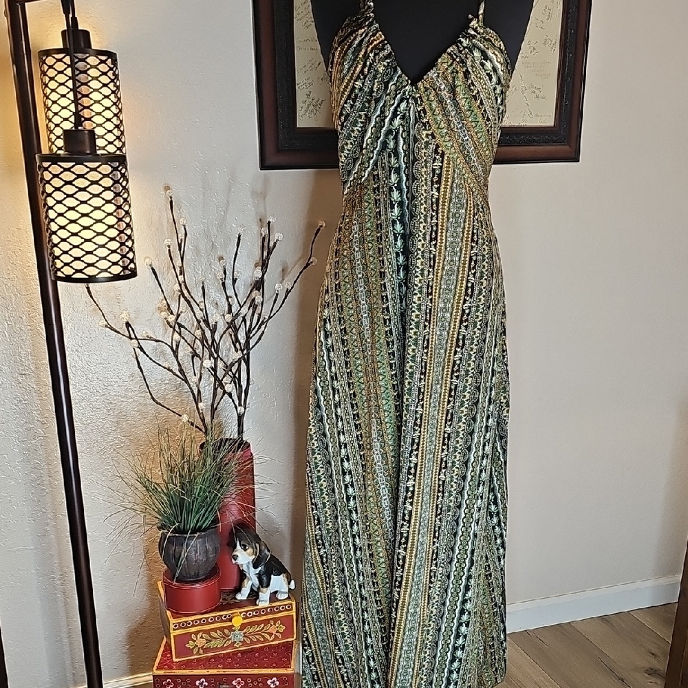 Maxi Sundress Black Green & Orange with Spaghetti Straps Size Med.